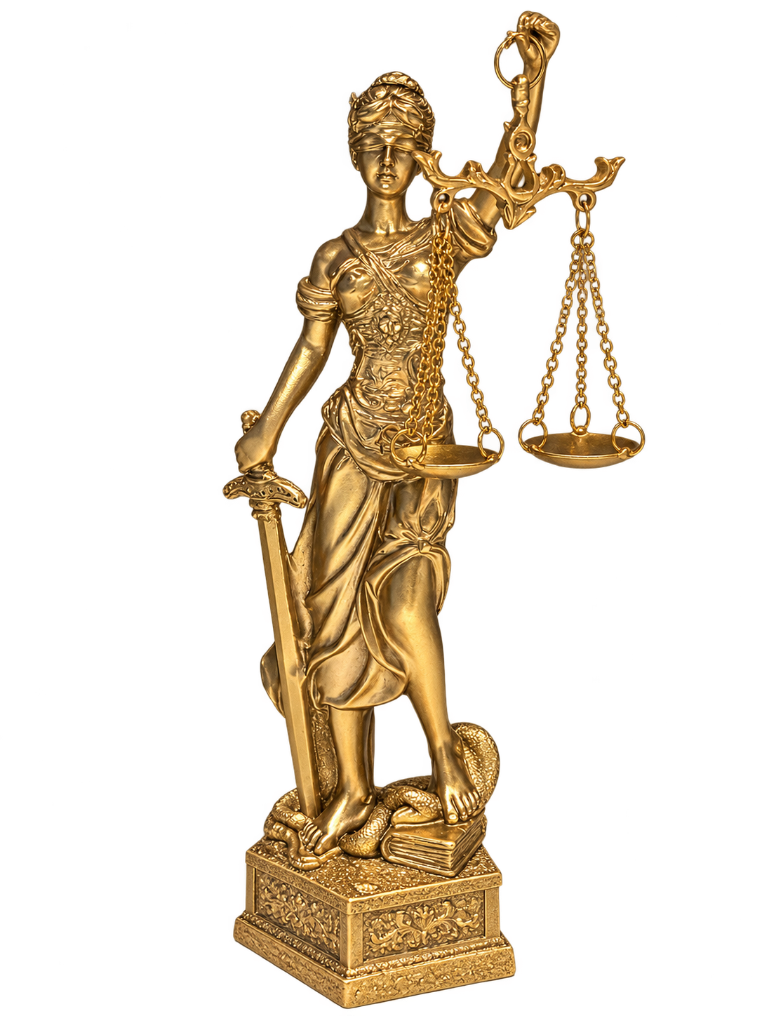 Vrouwe Justitia met blinddoek, zwaard en weegschaal